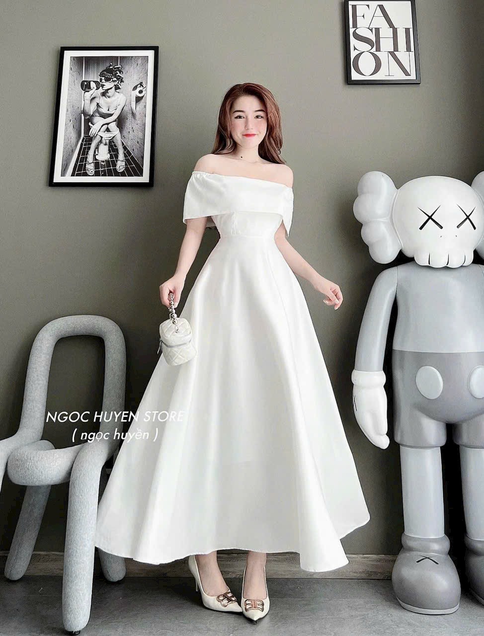 Đầm xòe maxi trễ vai chất vải cotton lạnh váy cưới đầm đi tiệc sang chảnh màu trắng hàng thiết kế tôn dáng