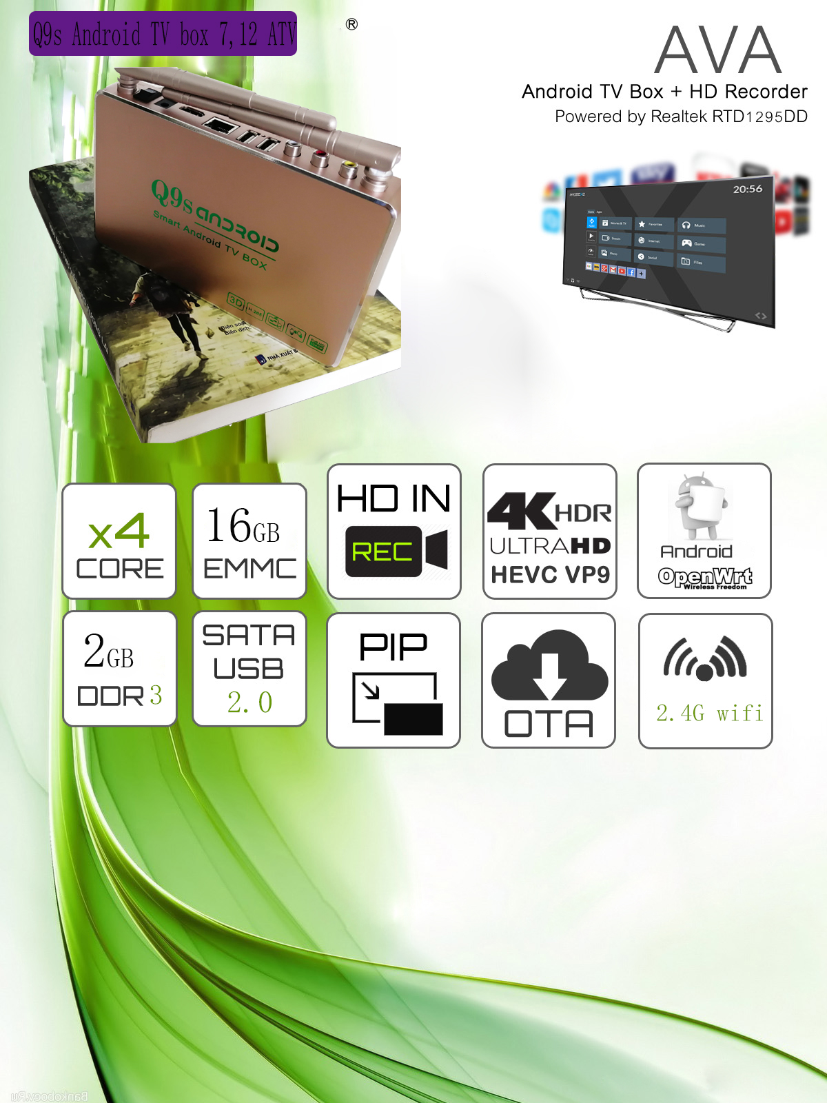 Android TV  Box Q9s Biến TV Thành Smart TV Ram 2GB dùng cho mọi tivi - kết nối wifi không dây rom 16G