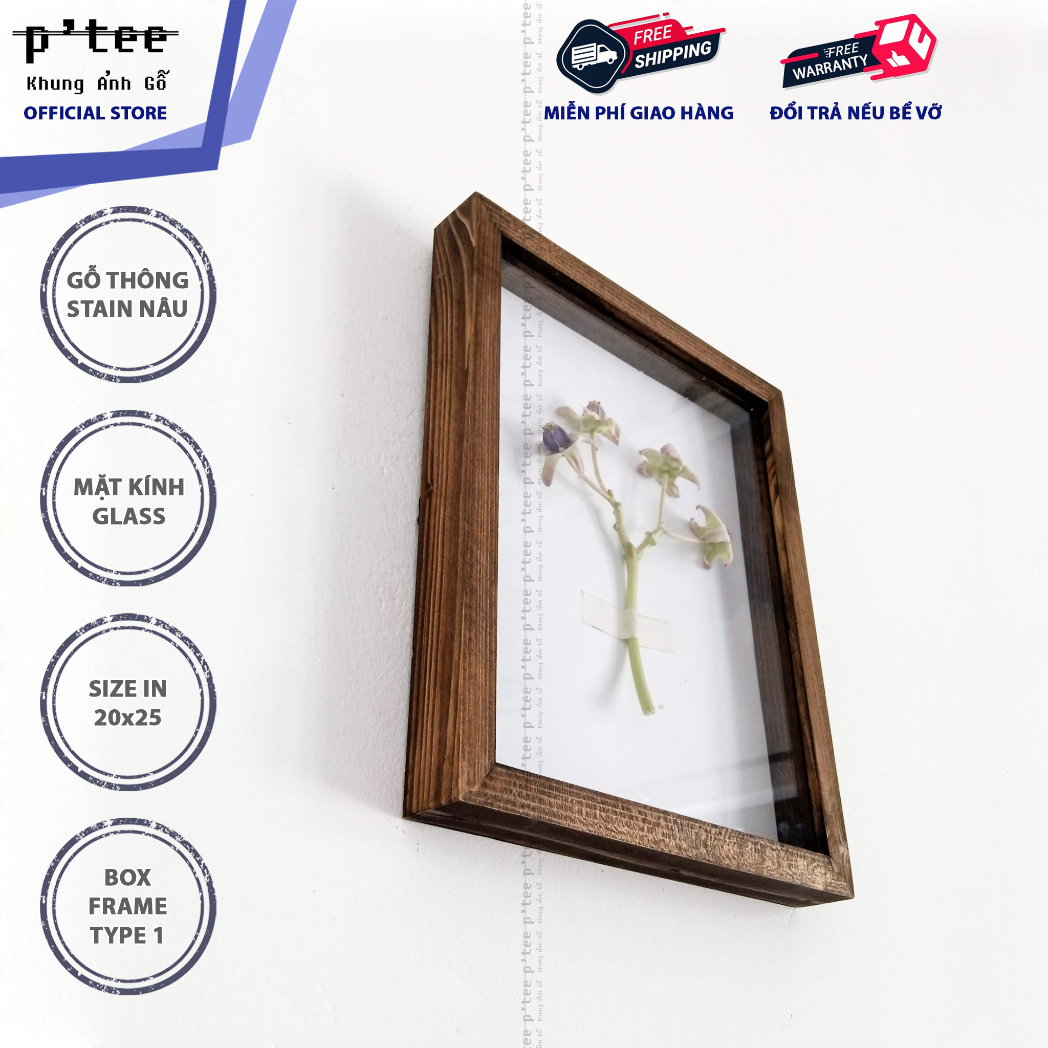 Khung ảnh gỗ box 20x25 stain nâu - khung hình gỗ thông mặt kính trang trí treo tường để bàn - wood frame by p'tee