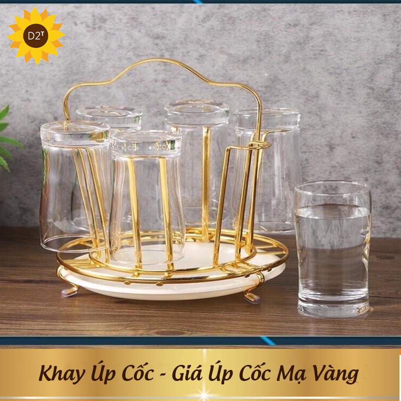 Khay úp cốc - giá úp cốc mạ vàng tròn có khay hứng nước sang trọng