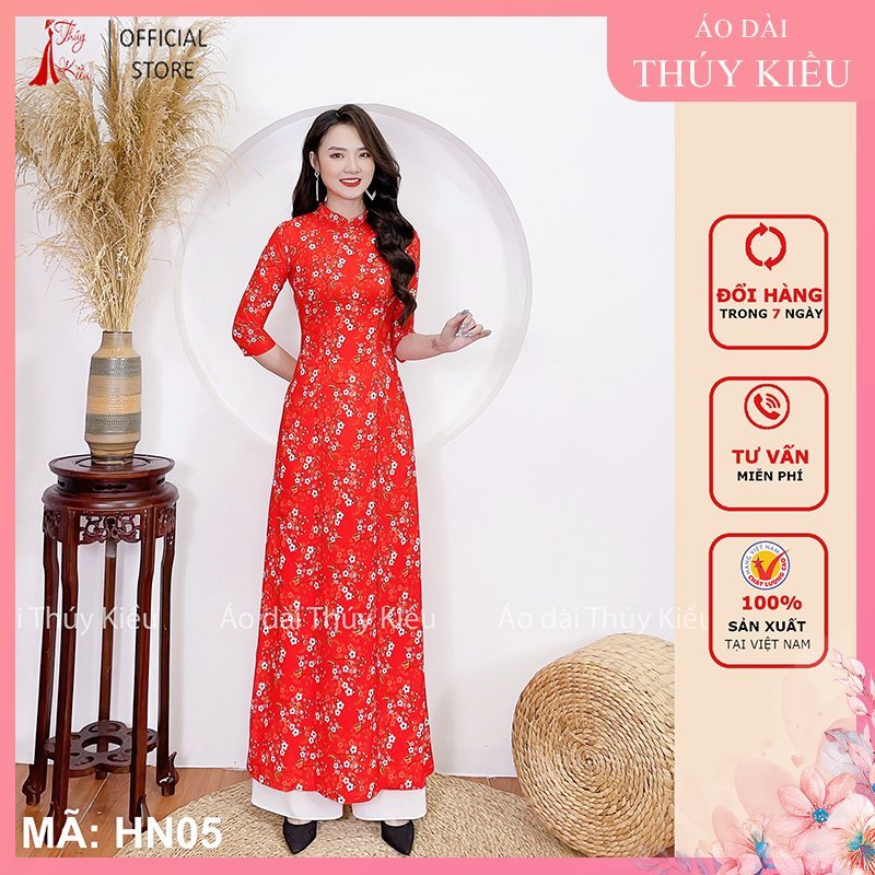 Áo dài may sẵn thiết kế nữ đẹp cách tân tết đỏ hoa nhí HN05 mềm mại, co giãn, áo dài giá rẻ