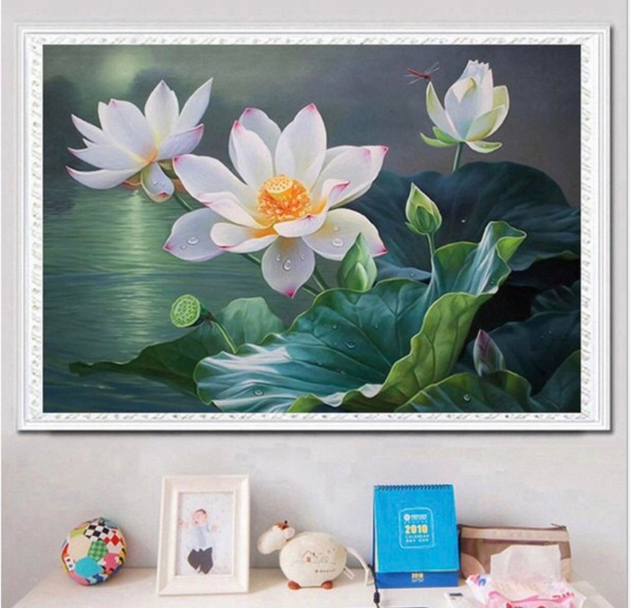 Tranh thêu kín Hoa Sen, Tranh chưa thêu, thêu kín 100%