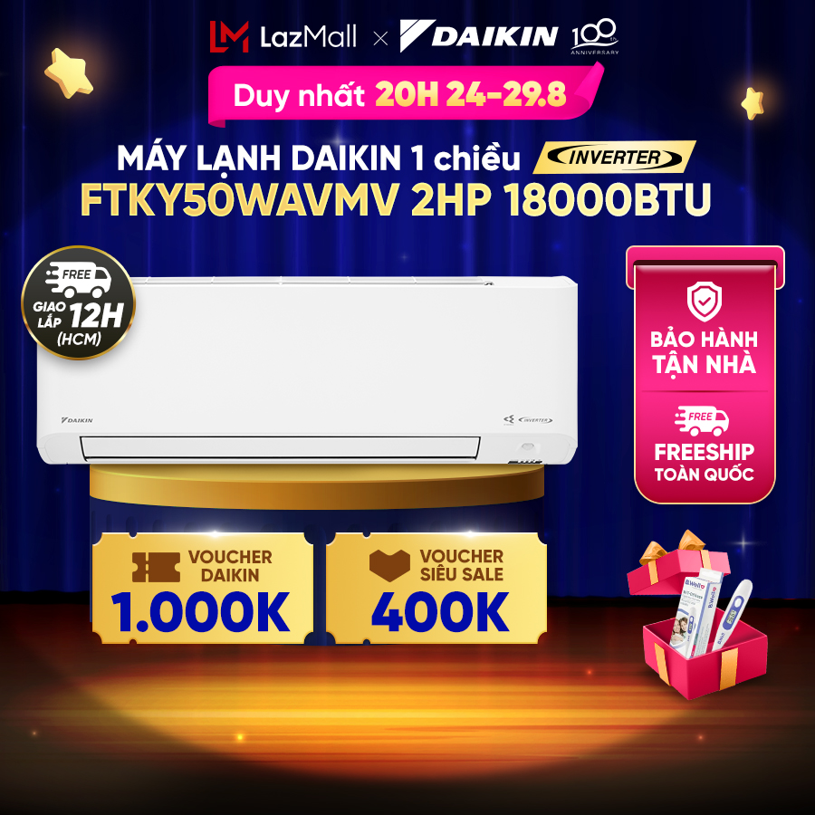 [MIỄN PHÍ CÔNG LẮP ĐẶT] - Máy Lạnh/Điều hòa Daikin Inverter 1 chiều FTKY50WAVMV- 2HP (18000BTU) Streamer