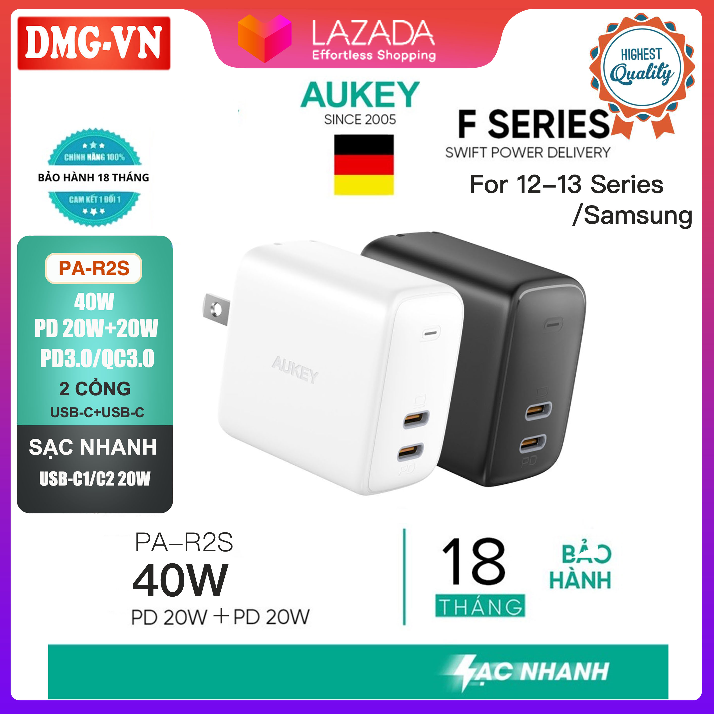 Củ sạc nhanh aukey pa-r2s 40w ,cáp sạc cb-cl3,cho samsung iphone 13 pro max 12 pro 11 xs 8p 8 ipad mini va