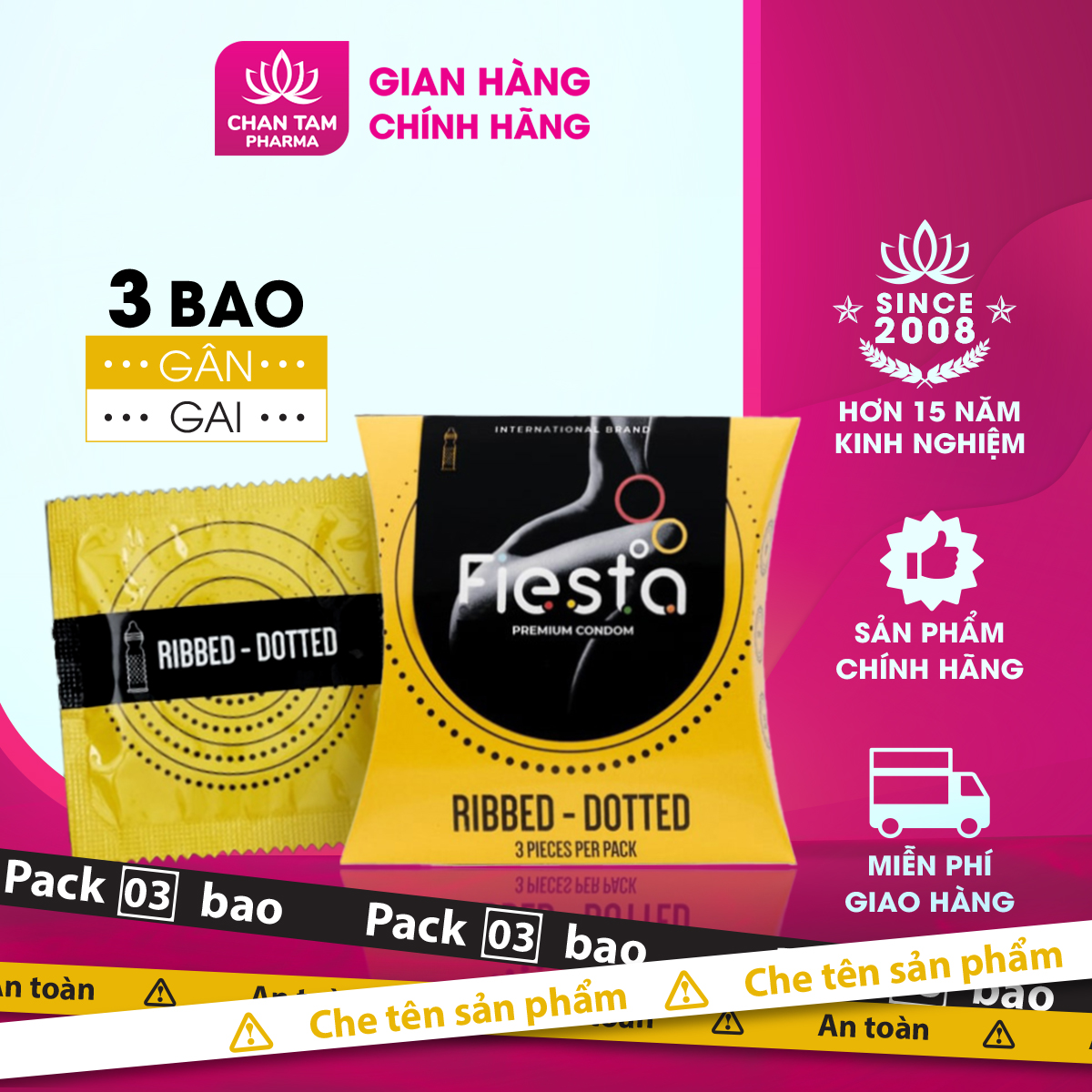 [CHE TÊN SẢN PHẨM] Bao cao su siêu mỏng gân, gai, bo đầu Fiesta Ribbed Dotted – hộp 3 cái