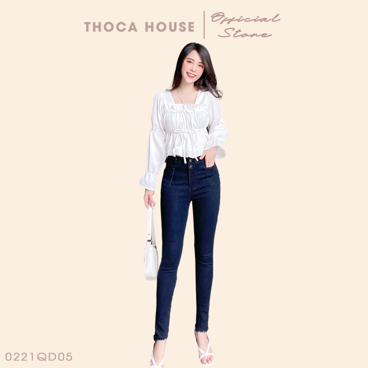 Quần jean nữ skinny dài 2 nút túi bầu kiểu tua THOCA HOUSE màu đen tôn dáng cao chân dài, dễ phối đồ