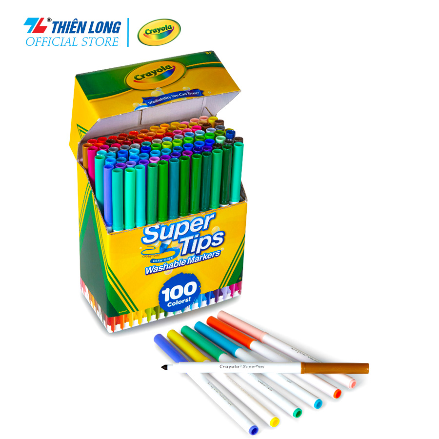 Bộ 100 màu bút lông Fiber Pen nét mảnh + nét đậm có thể rửa được Crayola Supertips Washable Marker