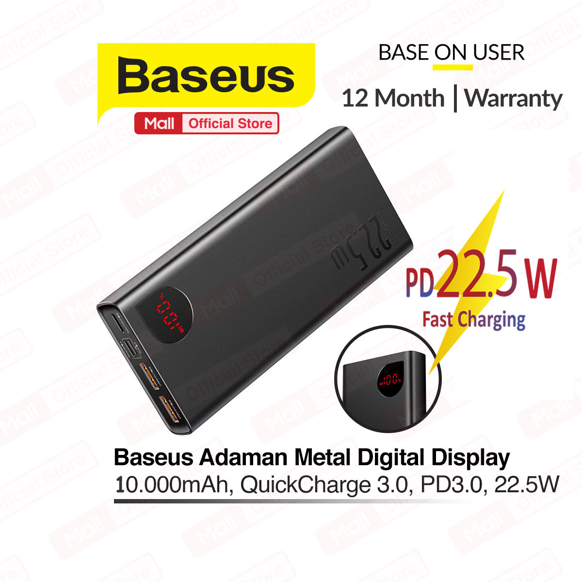 Pin dự phòng PD 3.0, 22,5W, QuickCharge 3.0 Baseus Adaman Metal Digital Display dung lượng 10.000mAh, PD 22,5W, QuickCharge 3.0 (2xUSB + Type-C)