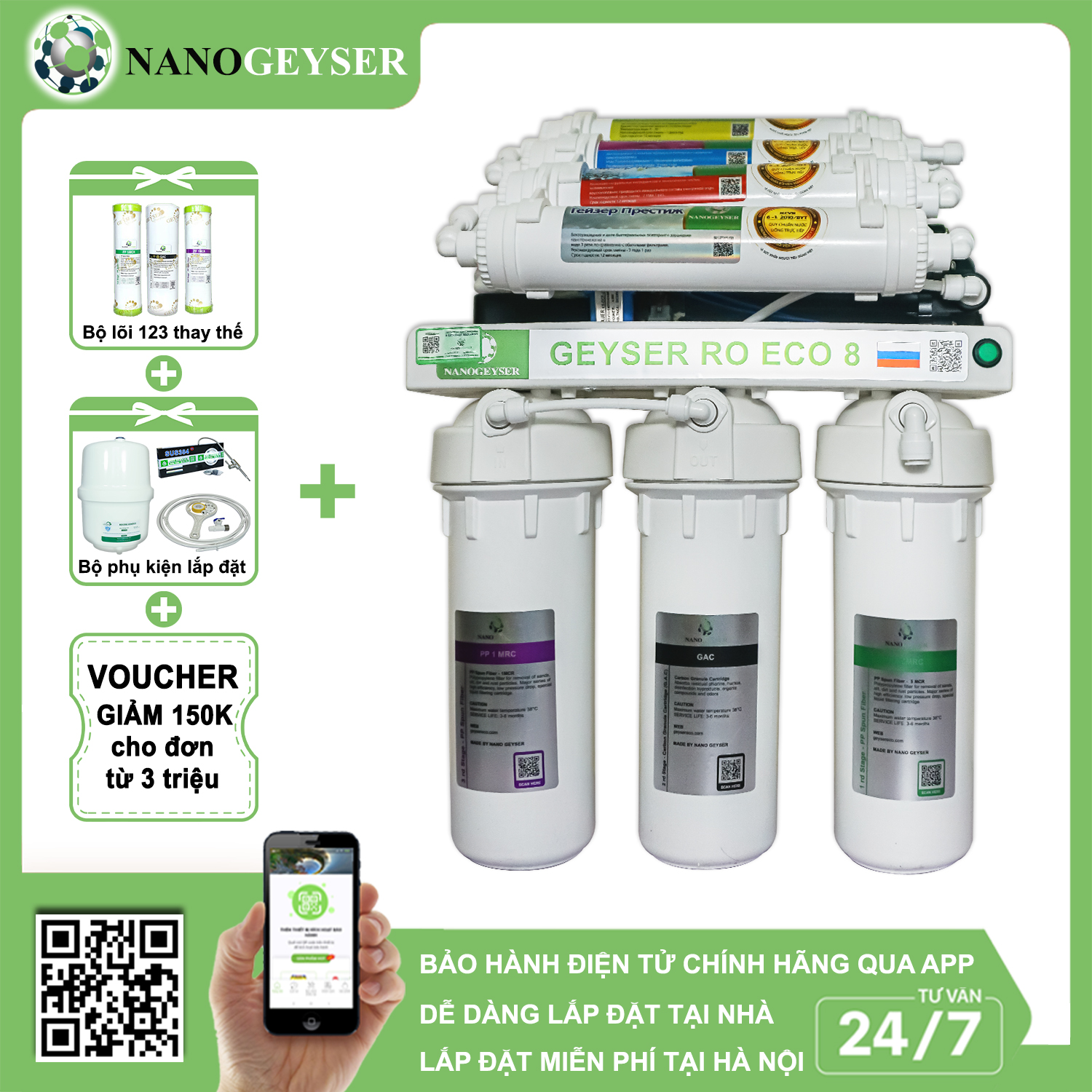 Máy lọc nước Nano Geyser RO ECO 8, Công nghệ lọc tinh khiết, Bổ sung khoáng chất tự nhiên
