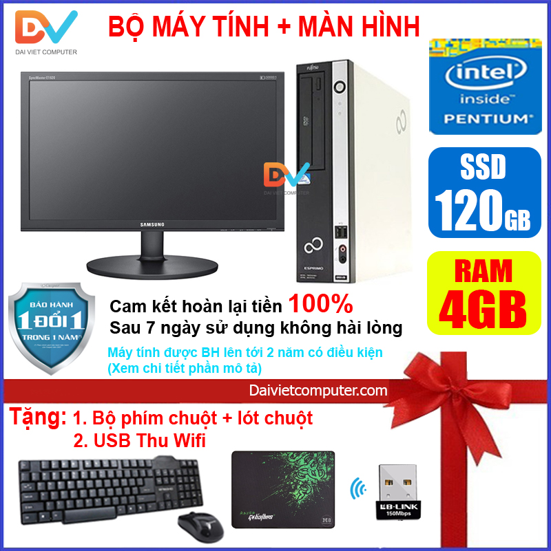 Bộ máy tính VP/HP/Dell + Màn hình 18.5 inch CPU Dual core E7xxx / Fujitsu G620 / Ram 4GB / HDD 250GB / SSD 120GB - 240GB [QUÀ TẶNG: Bộ phím chuột + USB thu wifi +  bàn di chuột] FUG6 - LDV