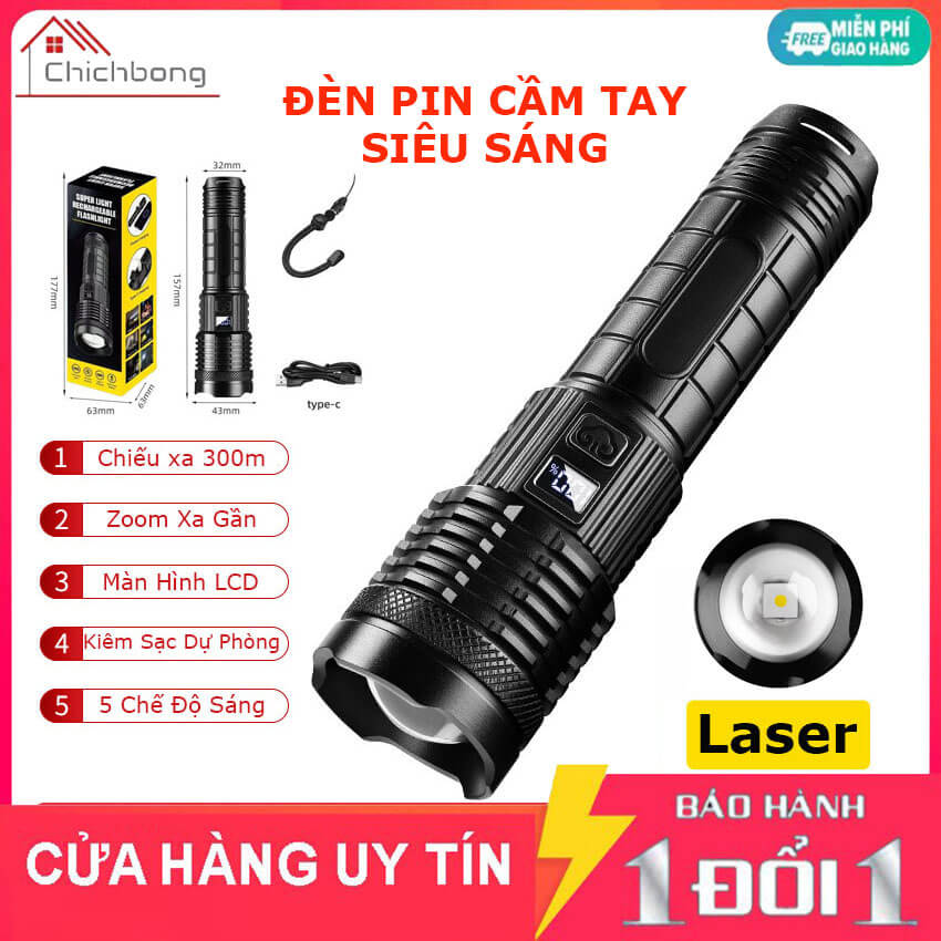 Đèn pin cầm tay siêu sáng XHP50 chiếu xa 300m có Zoom Xa Gần, pin trâu 2000mAh, chống nước IPX6, 5 chế độ sáng, cổng USB kiêm sạc dự phòng cho điện thoại
