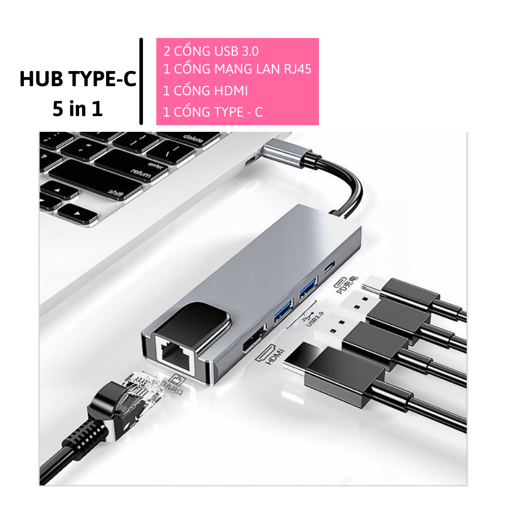 Bộ Adapter cáp chuyển Type-C sang HDMI 4k/USB/TypeC 5 trong 1 cho Macbook, iPad dùng trong trình chiếu