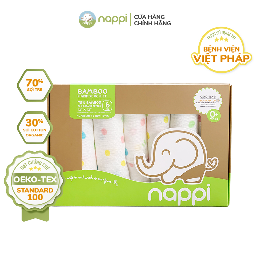 Set 6 Khăn Rửa Mặt, Khăn Sữa 2 Lớp Sợi Tre Lụa Mềm, Thấm Hút Tốt, Kháng Khuẩn 100% Thương Hiệu Nappi (KT: 30x30 Cm)