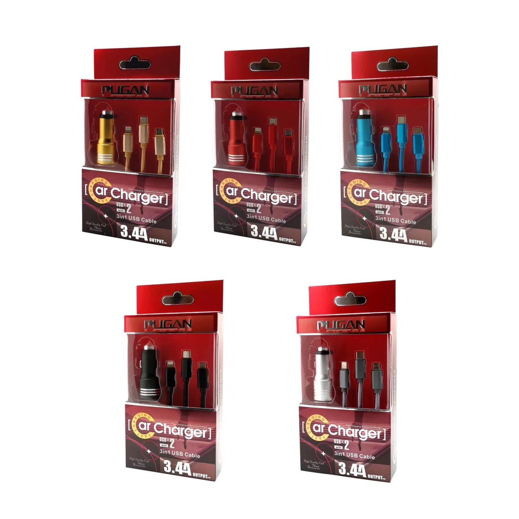 Bộ tẩu sạc pugan 2 cổng usb kèm dây 3 đầu sạc cho ô tô 3.4a