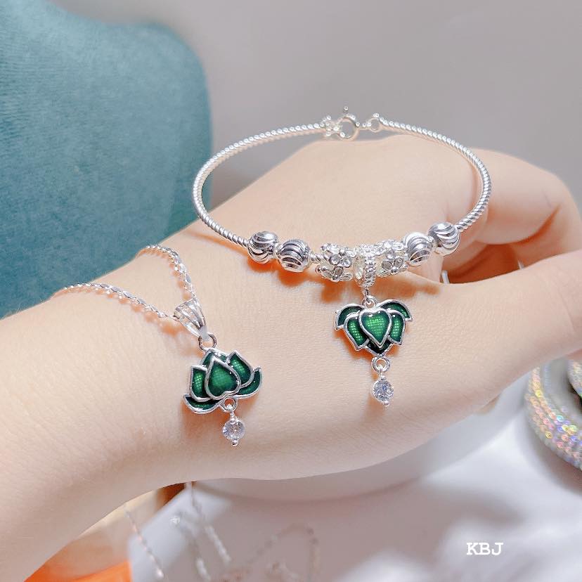 Bộ trang sức bạc hoa sen may mắn, dây chuyền mặt hoa sen, lắc tay hoa sen