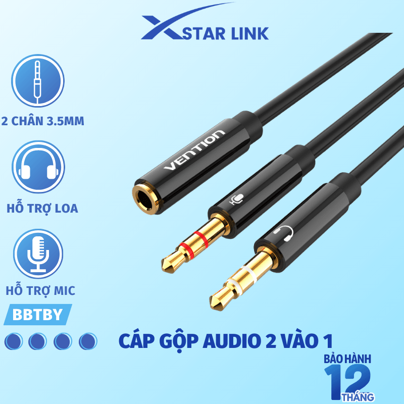 Cáp gộp tai nghe 2 vào 1 Jack 3.5mm - Cáp audio 2 dương 1 âm gộp âm thanh tai nghe cho máy tính, laptop hỗ trợ loa và mic chân 3.5 chính hãng Vention BBTBY
