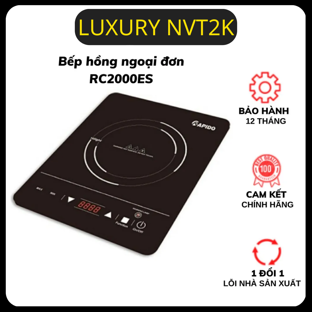 Bếp hồng ngoại RAPIDO Model RC2000ES (2000W), Chính hãng - BH 12 tháng lỗi 1 đổi 1-Bếp hồng ngoại Rapido 2000 W-RC2000 ES Cao Cấp cảm ứng thông minh, mặt kính cường lực tốt. Hẹn Giờ Tự động Tắt Khi Không Có Nồi Hoặc Nồi Bị Cháy