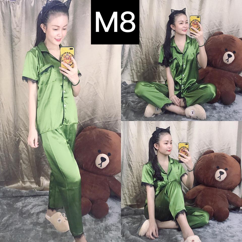 [HCM]Set Đồ Bộ Nữ Mặc Nhà Vải Lụa Phối Ren Tay Ngắn Quần Dài Siêu Sang