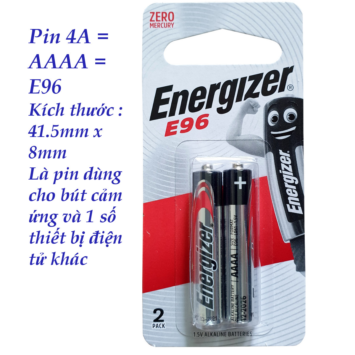 Pin AAAA 4A Energizer E96 Alkaline 1.5 V dùng cho bút cảm ứng- kích thước pin dài 41.5 mm đường kính 8 mm