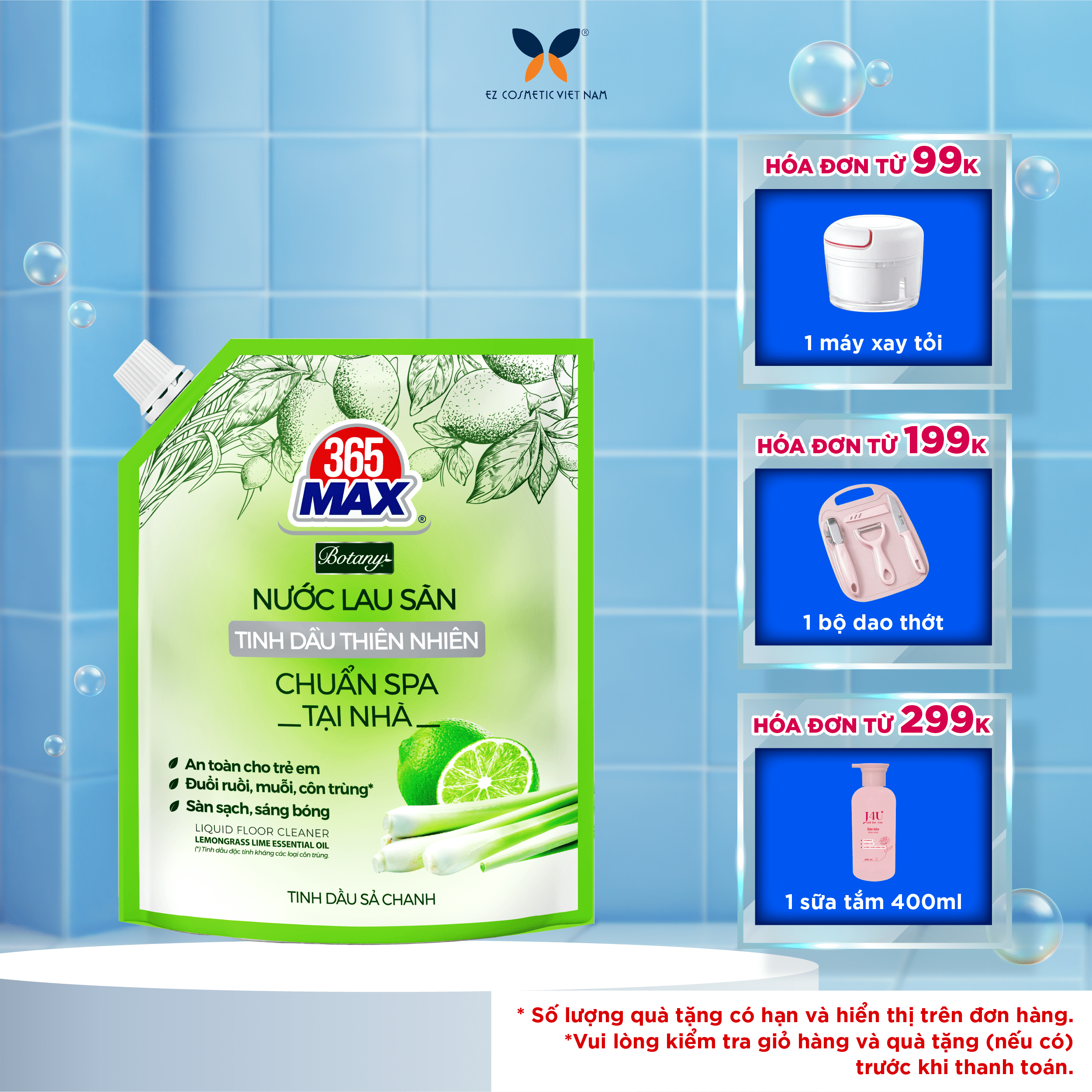 Túi Nước Lau Sàn 365 Max Botany Tinh Dầu Sả Chanh 3.6 Lít Làm sạch bóng sàn nhà, ngăn côn trùng, an