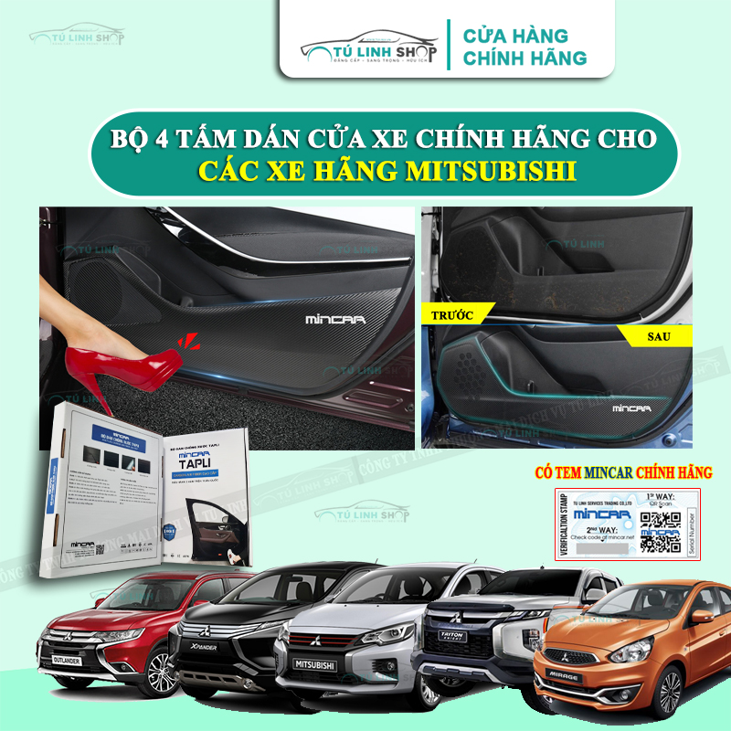 Bộ 4 Tấm dán Tapli xe Mitsubishi XPANDER, Outlander, Attrage, Grandis, Mirage, Pajero, Triton chính hãng MINCAR, chống xước tapi cửa ô tô bằng Carbon Air Fiber cao cấp