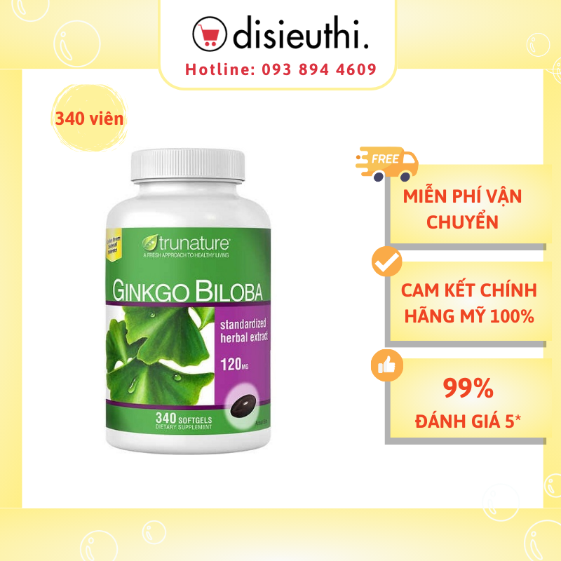 Viên uống Bổ Não Trunature Ginkgo Biloba 120mg With Vinpocetine Hộp 340 viên cải thiện trí nhớ, duy trì tinh thần tỉnh táo, thúc đẩy khả năng tuần hoàn máu lên não và cải thiện trí nhớ