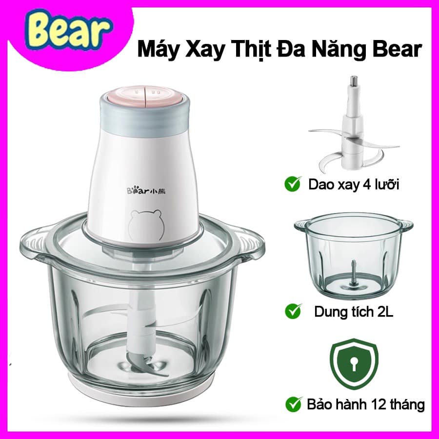 Máy xay thịt đa năng bear qsj-b02q1 gồm 4 lưỡi kép 2l xay thịt rau củ quả tiện lợi, cối xay thuỷ tinh dày, cứng cáp, chịu lực tốt,✔️ xay thịt, tôm, cua, cá ✔️ xay rau, củ, gia vị tỏi, ớt ✔️ xay sinh tố, hoa quả, bh 1 năm.