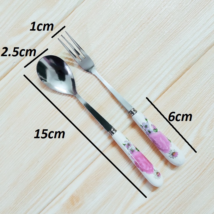 Thìa dĩa ăn hoa quả trái cây bánh kem inox cán sứ hoa hồng