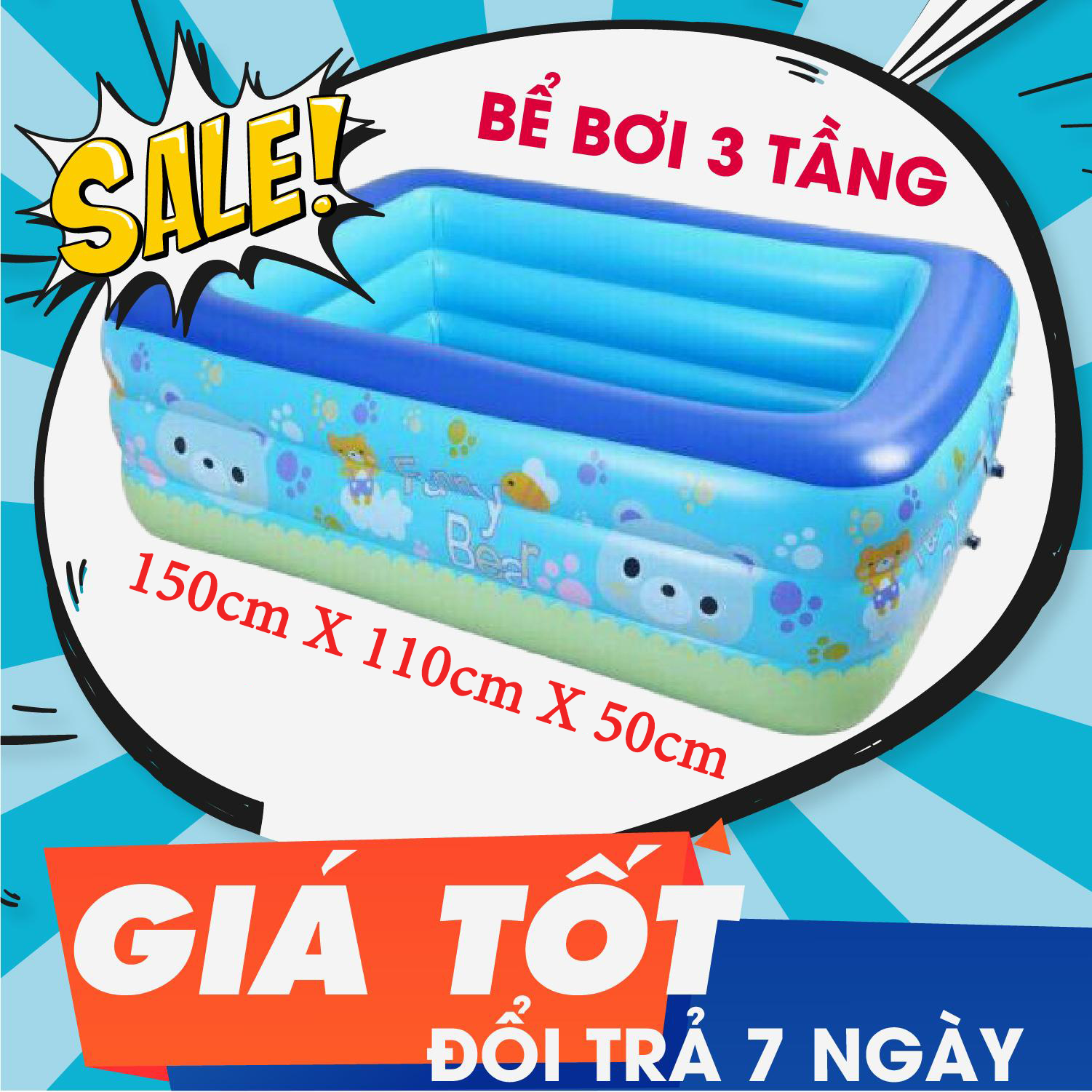 Hồ bơi trẻ em, Bể Bơi Cho Bé - Bể Bơi Phao Chữ Nhật 3 Tầng 150 X 110 X 50 Cm Loại Cực Dày , Chất Lượng Cực Tốt , Mang Đến Những Điều Thú Vị Cho Trẻ