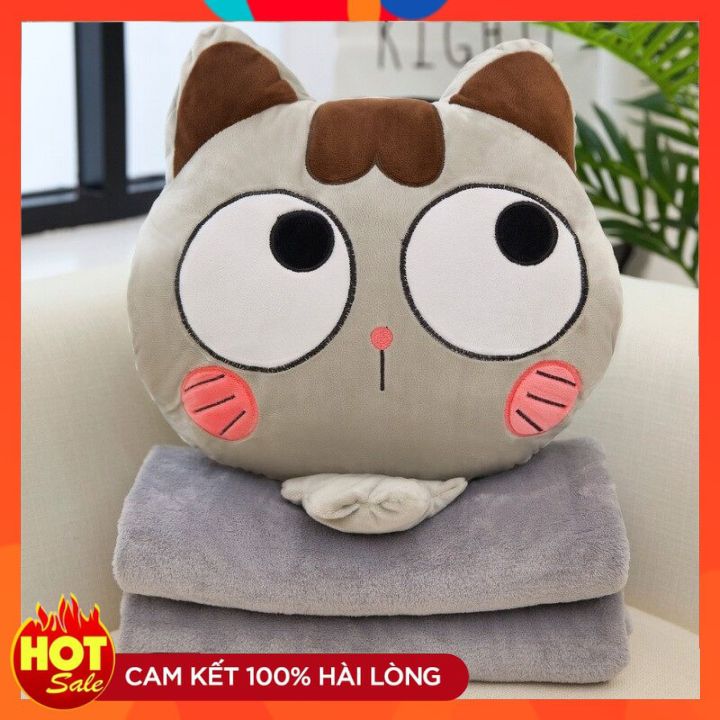 [HCM]Bộ chăn gối ngủ văn phòng 3 trong 1 hình mèo cute chất nỉ ấm dài rộng