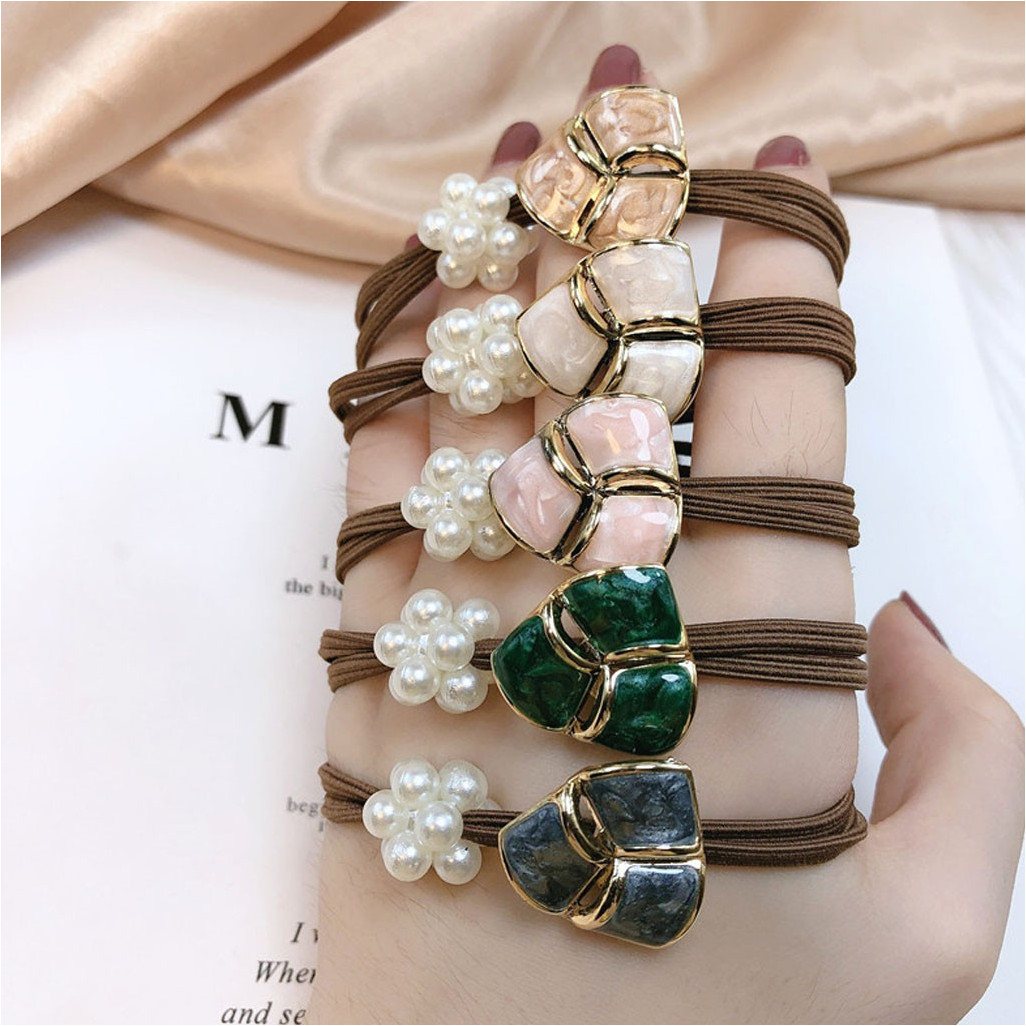 Set 5 sợi chun buộc tóc, cột tóc đính hạt ngọc tam giác CT35NG -MiniMiu