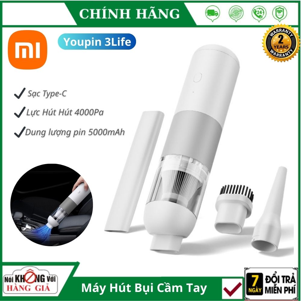 Máy Hút Bụi Cầm Tay Không Dây 3Life Xiaomi Youpin 4000Pa Sạc Type-C Nhà & Xe Hơi ô tô - Máy hút bụi giường nệm mini siêu mạnh công nghệ lốc xoáy của nhật cầm tay đa năng bảo hành 24 tháng