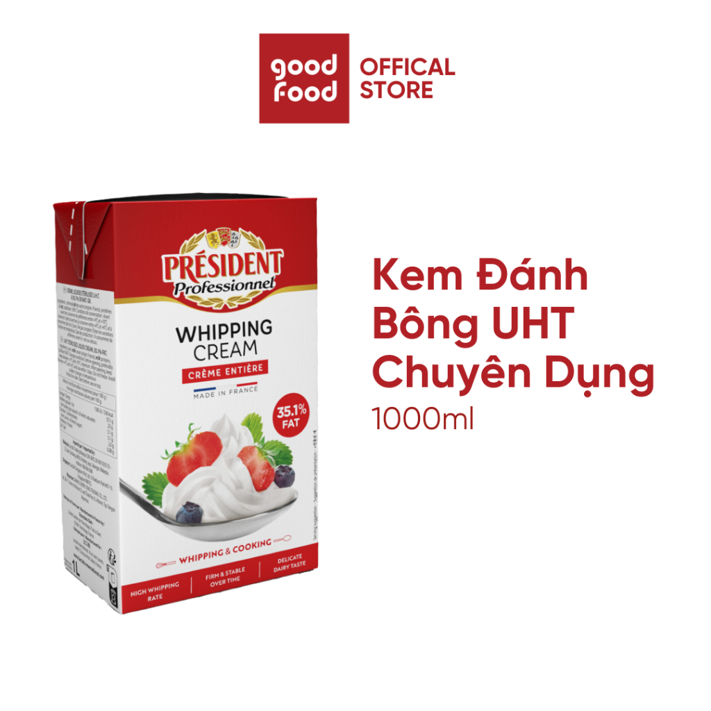 Kem sữa tươi đánh bông tiệt trùng 35,1% béo, hiệu suất tốt, nhập khẩu từ Pháp, Whipping Cream President - Hộp 1l
