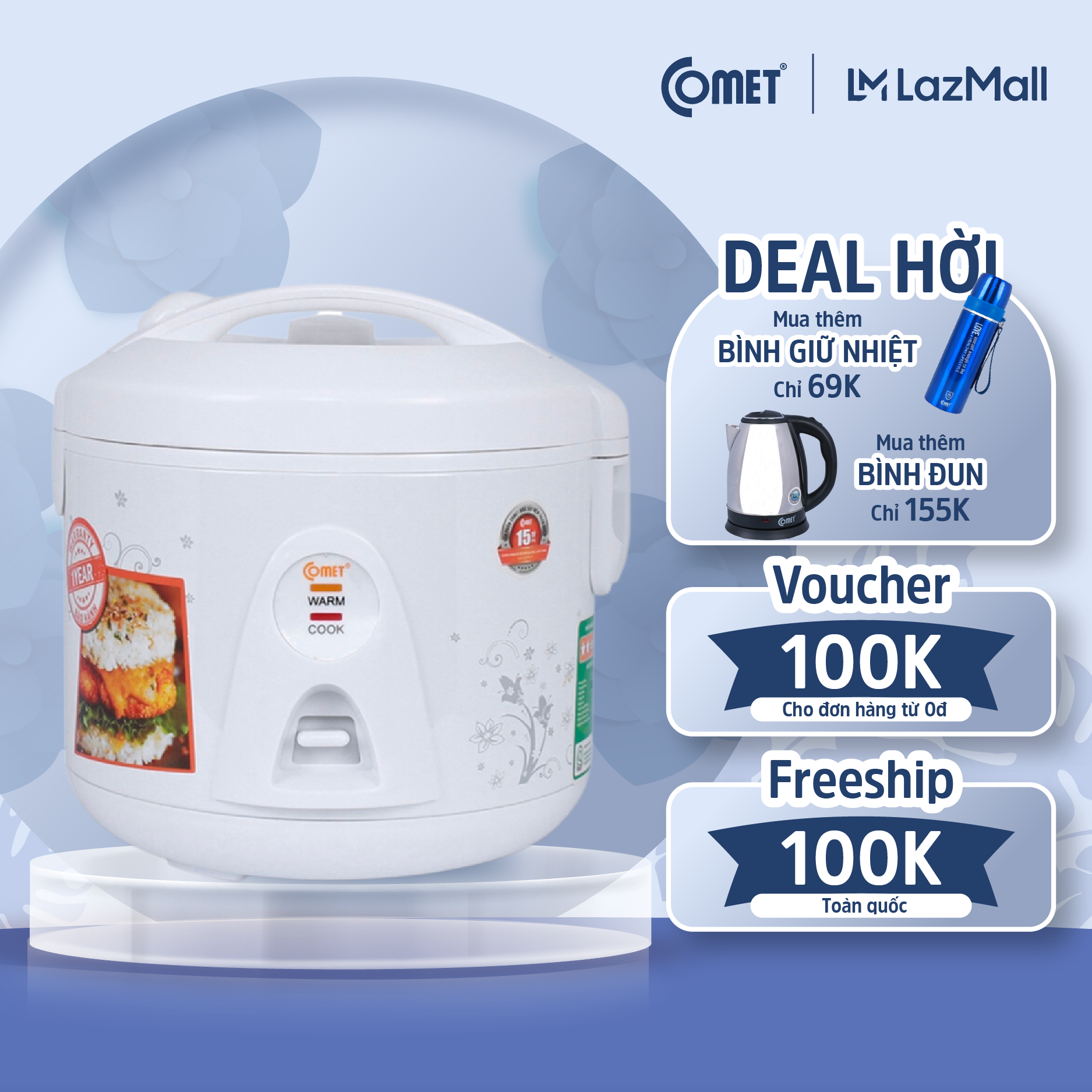 Nồi cơm điện nắp gài 1.8L COMET - CM8018 - Hoạ Tiết Ngẫu Nhiên - Hàng Chính Hãng