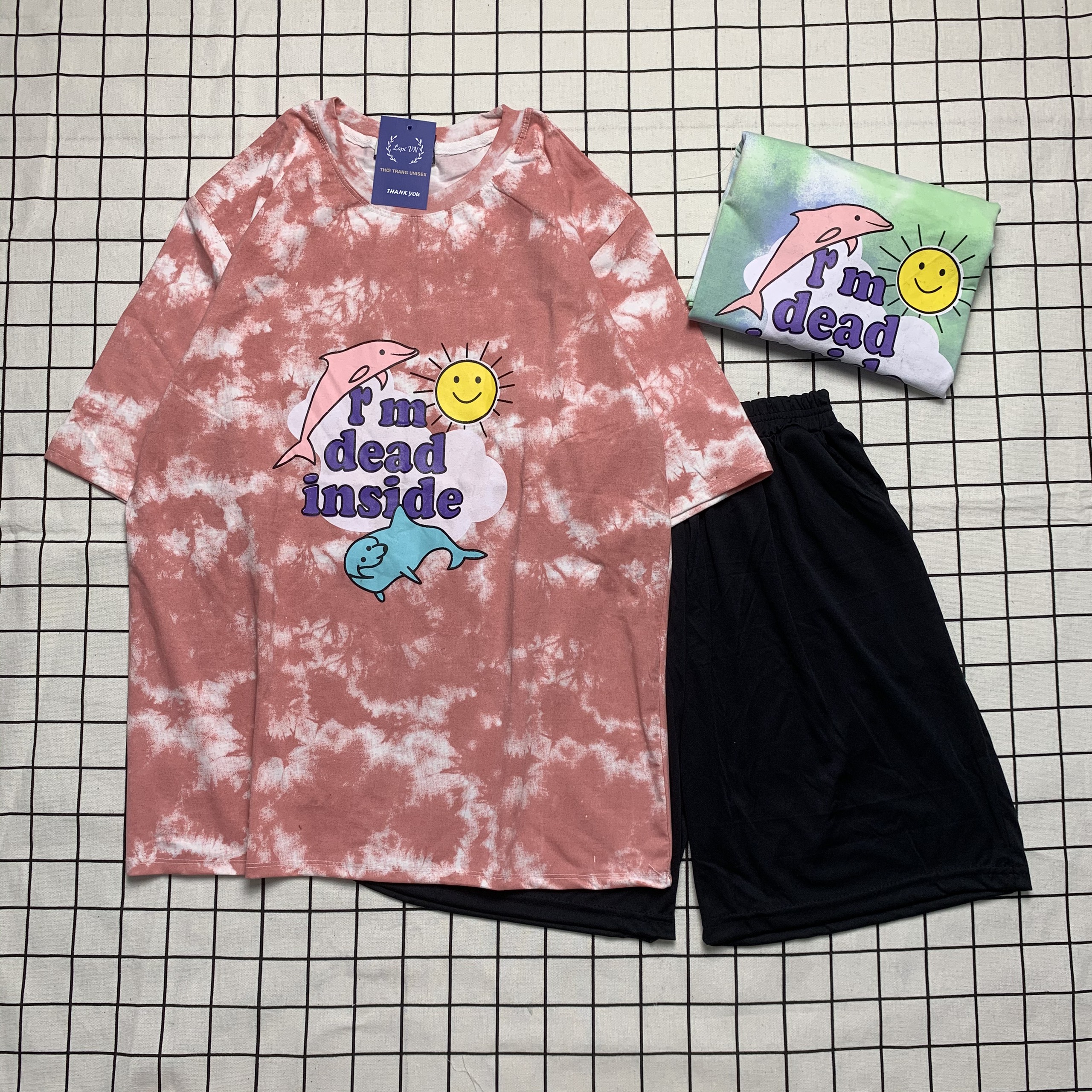 [HCM]Set Bộ Loang Màu Cá Heo Uniex Tay Lỡ Lapi VN Đồ Bộ Cartoon Freesize Thun Cotton Nam Nữ Đều Mặc Được