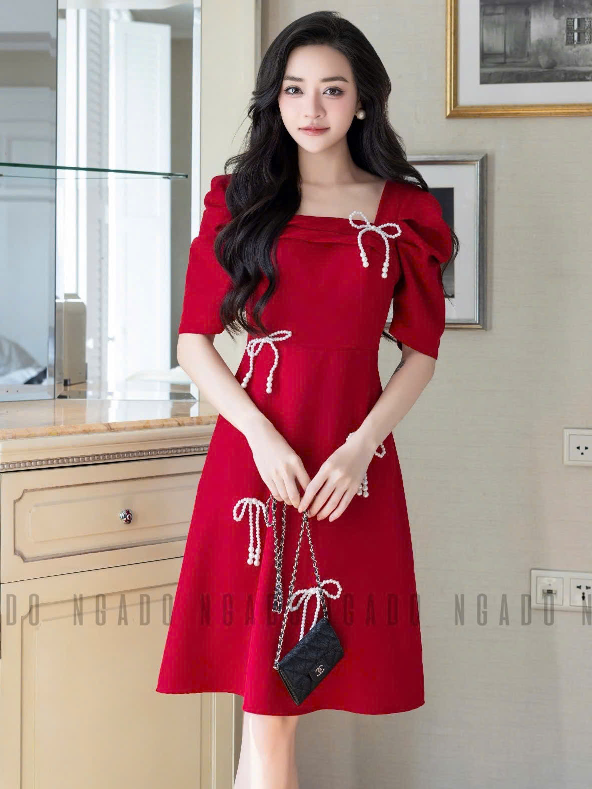 Đầm đỏ cổ vuông tay phồng NGADO , đầm ngắn , đầm dự tiệc