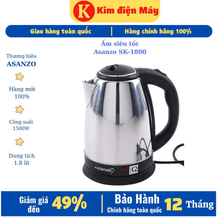 Ấm siêu tốc asanzo sk-1800-ấm đun nước siêu tốc inox 1 lít 8-1500w-bảo hành 12 tháng toàn quốc