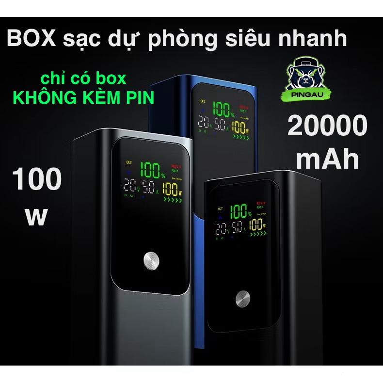 VỎ sạc dự phòng 20000mAh 100w pin lithium màn hình LCD type C sạc laptop điện thoại, macbook (không kèm pin)