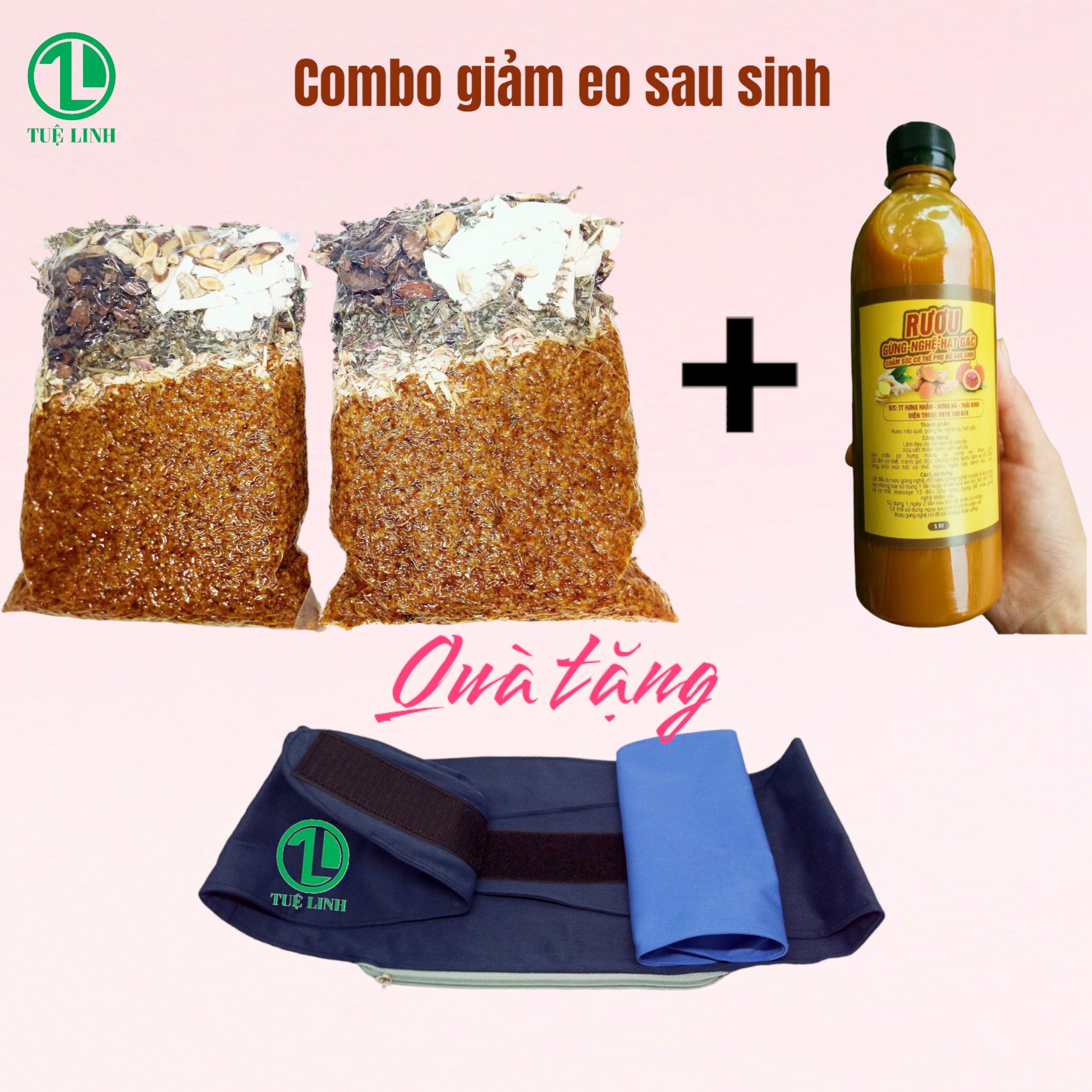 Combo 2kg muối thảo dược, 500ml cốt gừng nghệ hạt gấc gấc tặng 1 đai quấn và 1 túi đựng muối