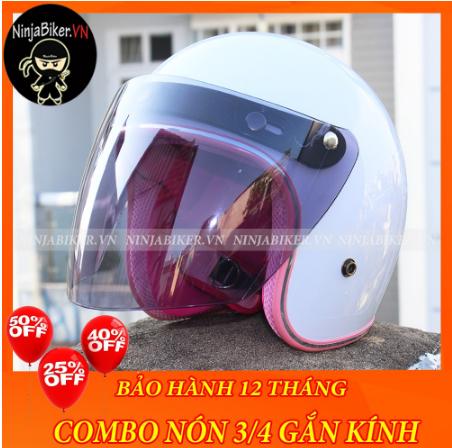 Nón bảo hiểm 3/4 gắn kính - trắng viền hồng