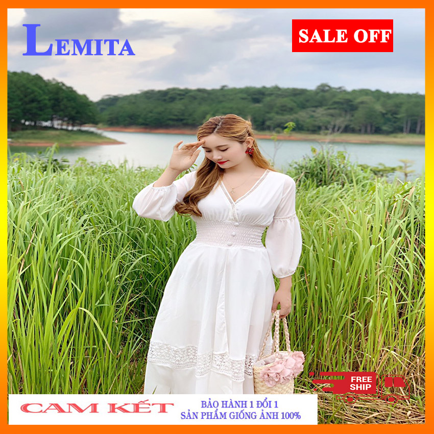 Đầm maxi trắng nhún eo xẻ đùi phối ren đi biển, váy maxi đi chơi, đầm dự tiệc sang chảnh  NE01 LEMITA