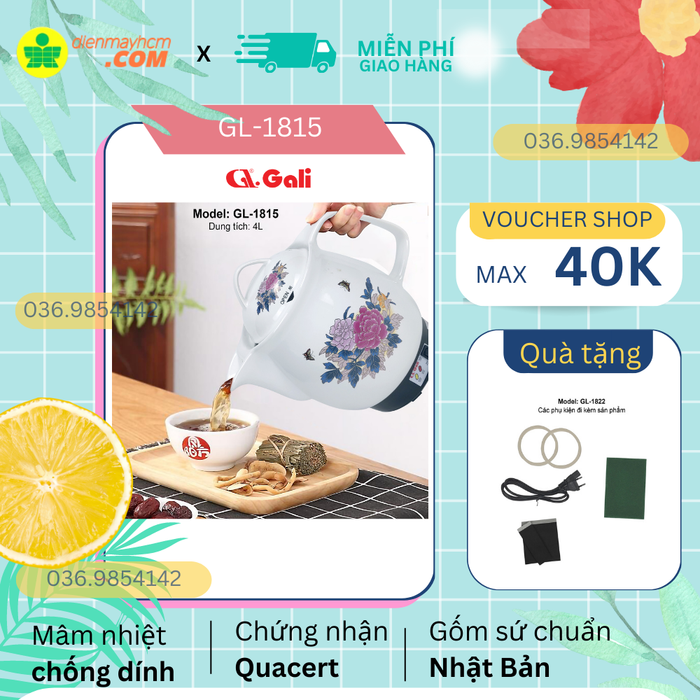 Ấm sắc thuốc gali mã sp gl-1815 dung tích 4 lít 450w gốm sứ chuẩn nhật ấm tráng men chịu nhiệt cao bộ phận nấu tráng men chống dính dễ vệ sinh nhập khẩu bảo hành chính hãng 12 tháng