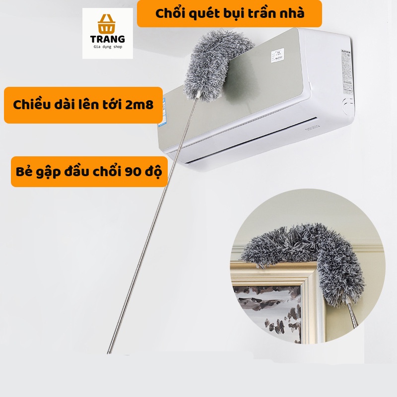 Chổi quét bụi trần nhà kéo dài 2m8, chổi lông quét bụi, mạng nhện đa năng điều chỉnh độ dài