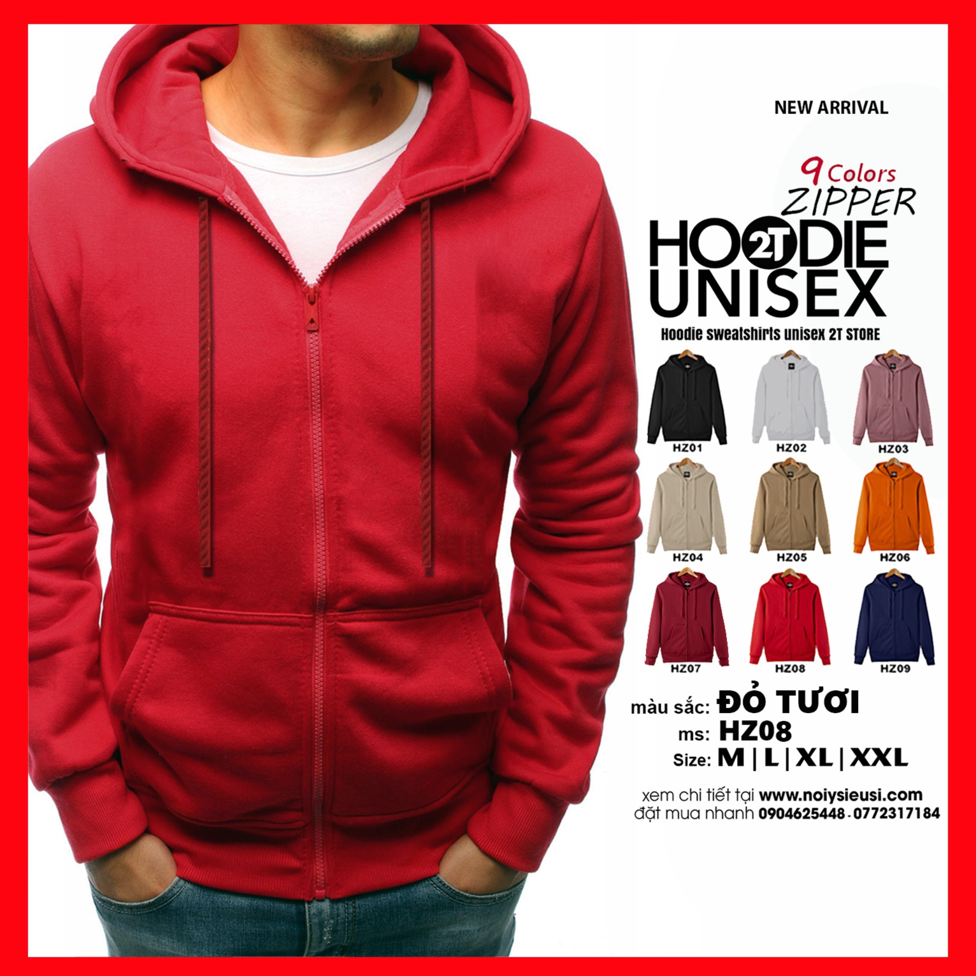[4.4 HOÀN TIỀN 15%][HCM]ÁO KHOÁC NỈ HOODIE ZIPPER DÂY KÉO TRƠN NÓN 2 LỚP DÀY DẶN UNISEX 2T STORE - ĐỎ TƯƠI