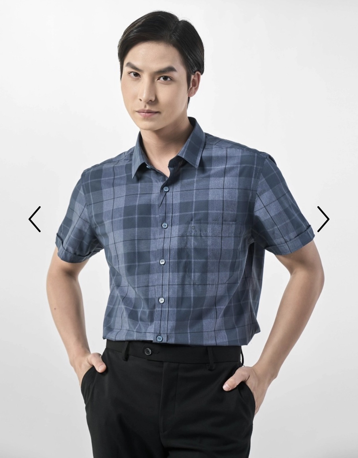 OWEN - Áo sơ mi dài tay Owen vạt ngang chất sợi tre màu xanh navy xám 230094