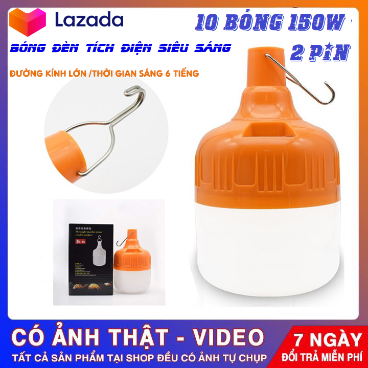 combo 10 Bóng đèn LED tích điện 150W 2 pin siêu sáng BẢO HÀNH 6 THÁNG - Bóng đèn sạc có móc treo 3 chế độ sáng tiện lợi