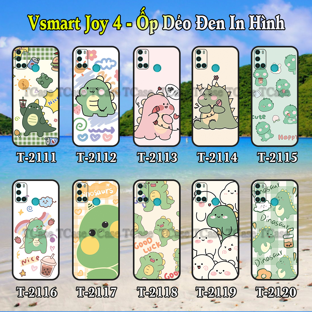 Ốp lưng Vsmart Joy 4 dẻo đen in hình Khủng Long Xanh Cute