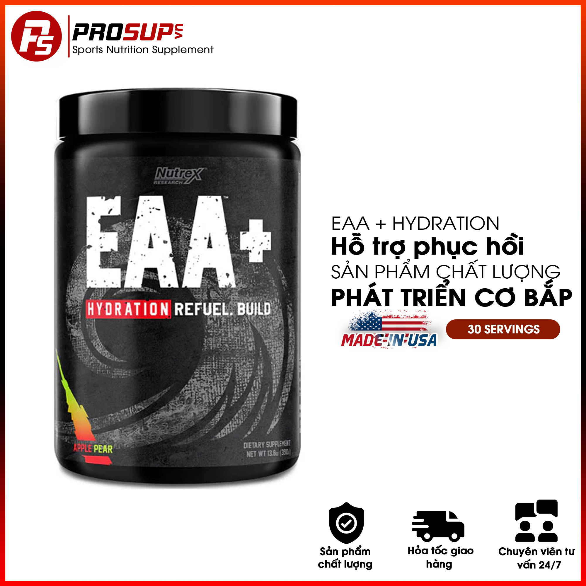 Nutrex eaa+ hydration 30 servings, phục hồi & tăng cơ, sức mạnh, sức bền, bổ sung 8g eaa + bcaa + 1.5g chất điện giải