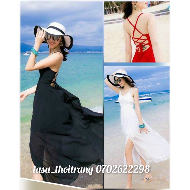 TBO-Ảnh thật Đầm xòe maxi xẻ tà đi biển cực xinh 2 dây đan chéo khoe lưng trần gợi cảm, hở lưng đỏ đen trắng