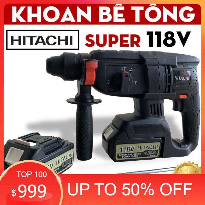 Máy khoan đục bê tông hitachi 118v 3 chức năng, 2 pin, không chổi than